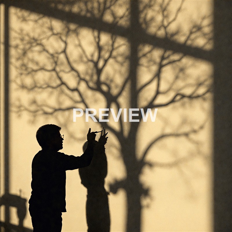A silhouette of a person taking a photo with a smartphone in front of a shadowy tree with bare branches, cast by a window frame, creating a layered shadow effect.